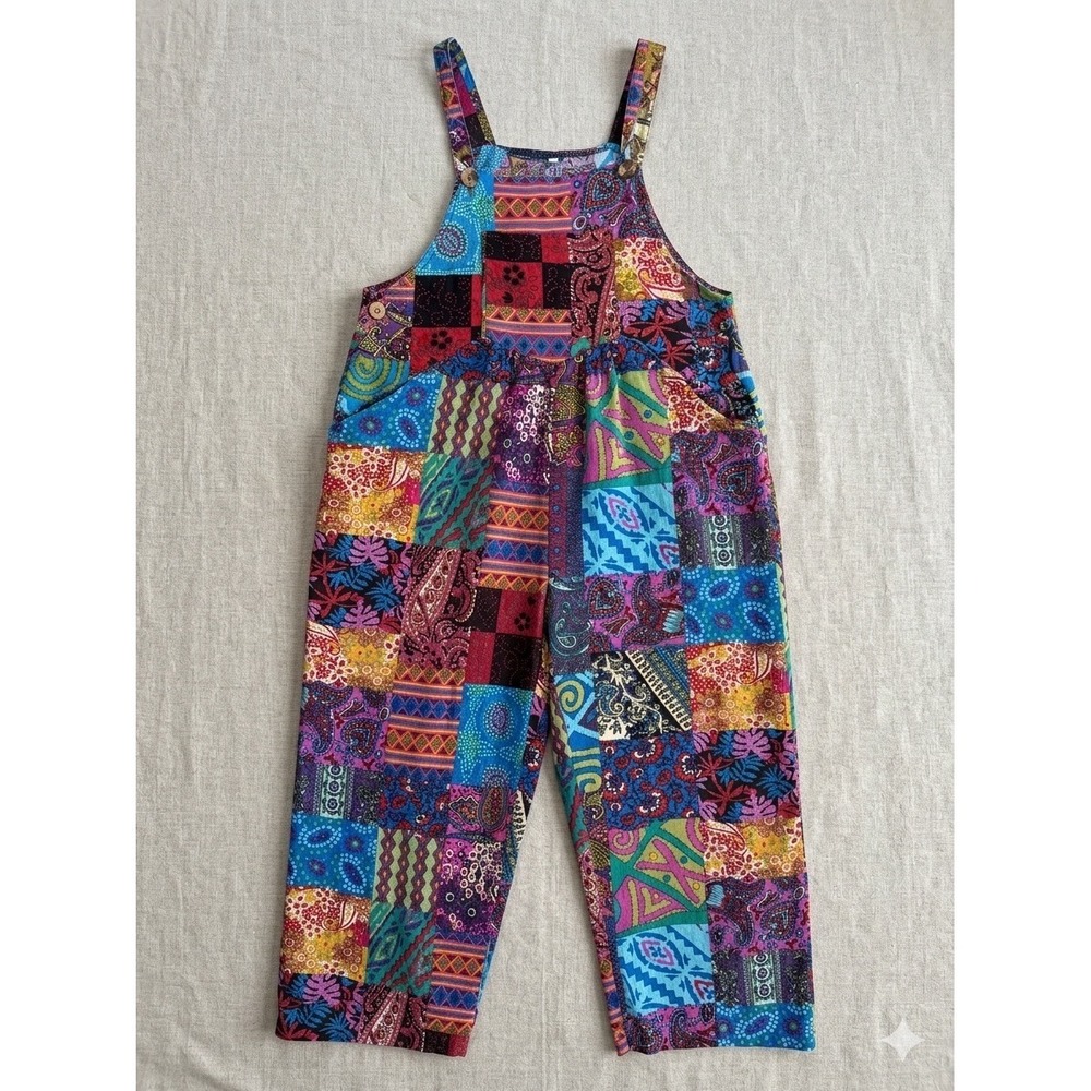 Boho Patchwork Overalls Multicolor Paisley Festival Dungarees XL (Fits Lg) Light